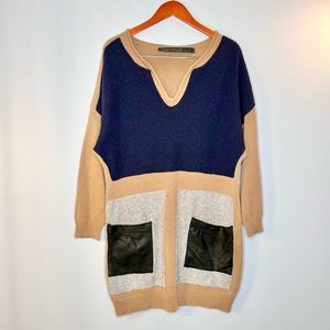 Yigal Azrouel Womens Sample Wool Faux Leather Sweater Dress Small Color Block